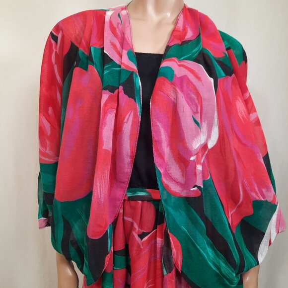 Vintage 80 Sundress Jacket Set size M Large Floral Print Tiered Strapless Midi - Picture 4 of 10